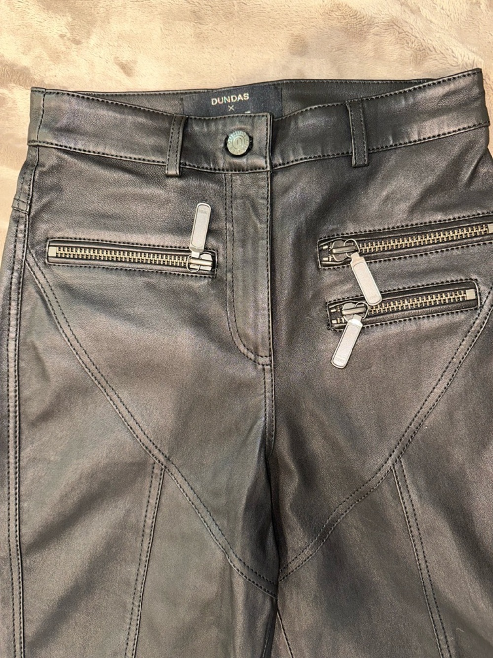 DUNDAS Black Leather Zip-Detail Pants
